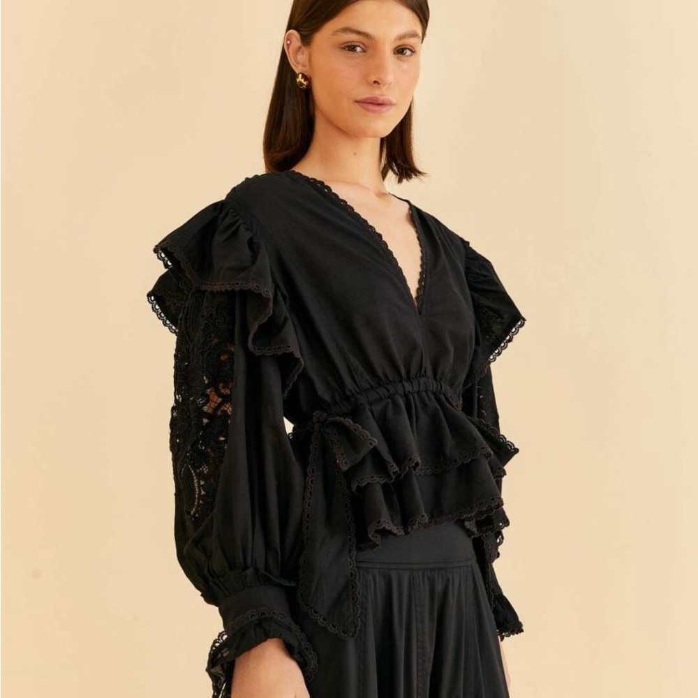 FARM Rio - Black Long Sleeve V Neckline Blouse, size Medium